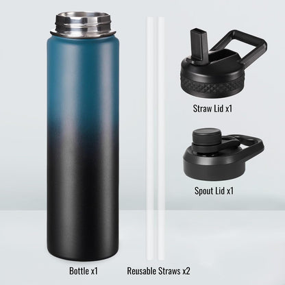 Insulated Water Bottle with Handle, 304 Stainless Steel Water Bottles with Wide Mouth, Double Wall Vacuum Sports Water Bottle, BPA Free, Keep Cold and Hot, 24 Ounces, Black