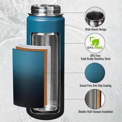 Insulated Water Bottle with Handle, 304 Stainless Steel Water Bottles with Wide Mouth, Double Wall Vacuum Sports Water Bottle, BPA Free, Keep Cold and Hot, 24 Ounces, Black