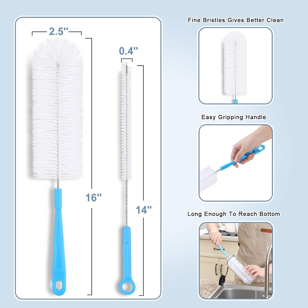 16" Bottle Brush Cleaner for Water Bottle - Long Handle Bottle Brush for Cleaning Narrow Neck Sport Bottles,Beer Bottle and Jugs, Set of 2
