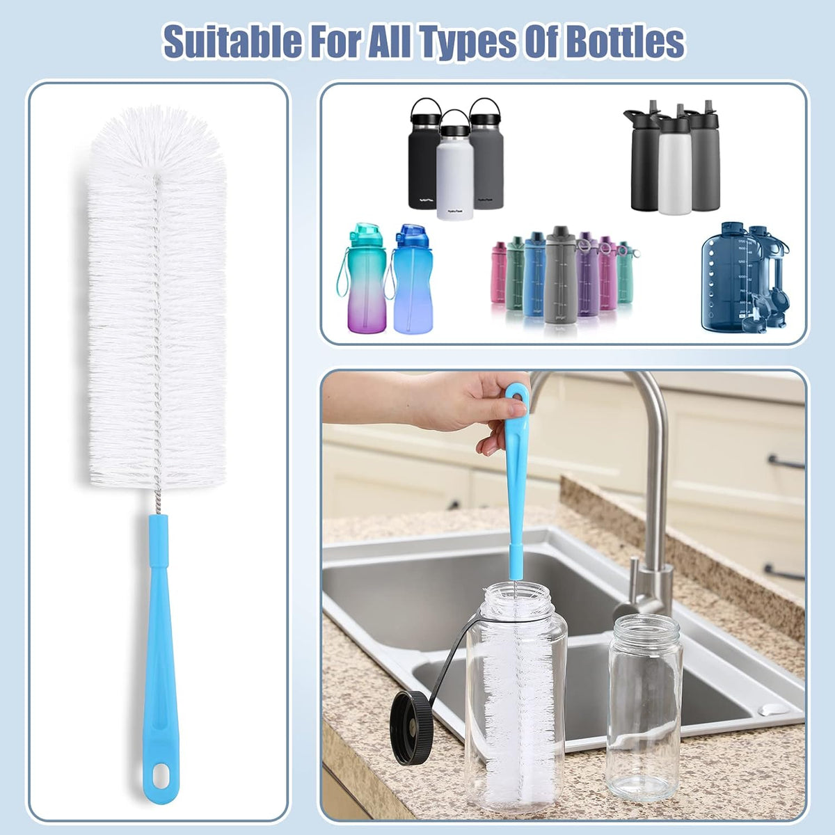 16" Bottle Brush Cleaner for Water Bottle - Long Handle Bottle Brush for Cleaning Narrow Neck Sport Bottles,Beer Bottle and Jugs, Set of 2