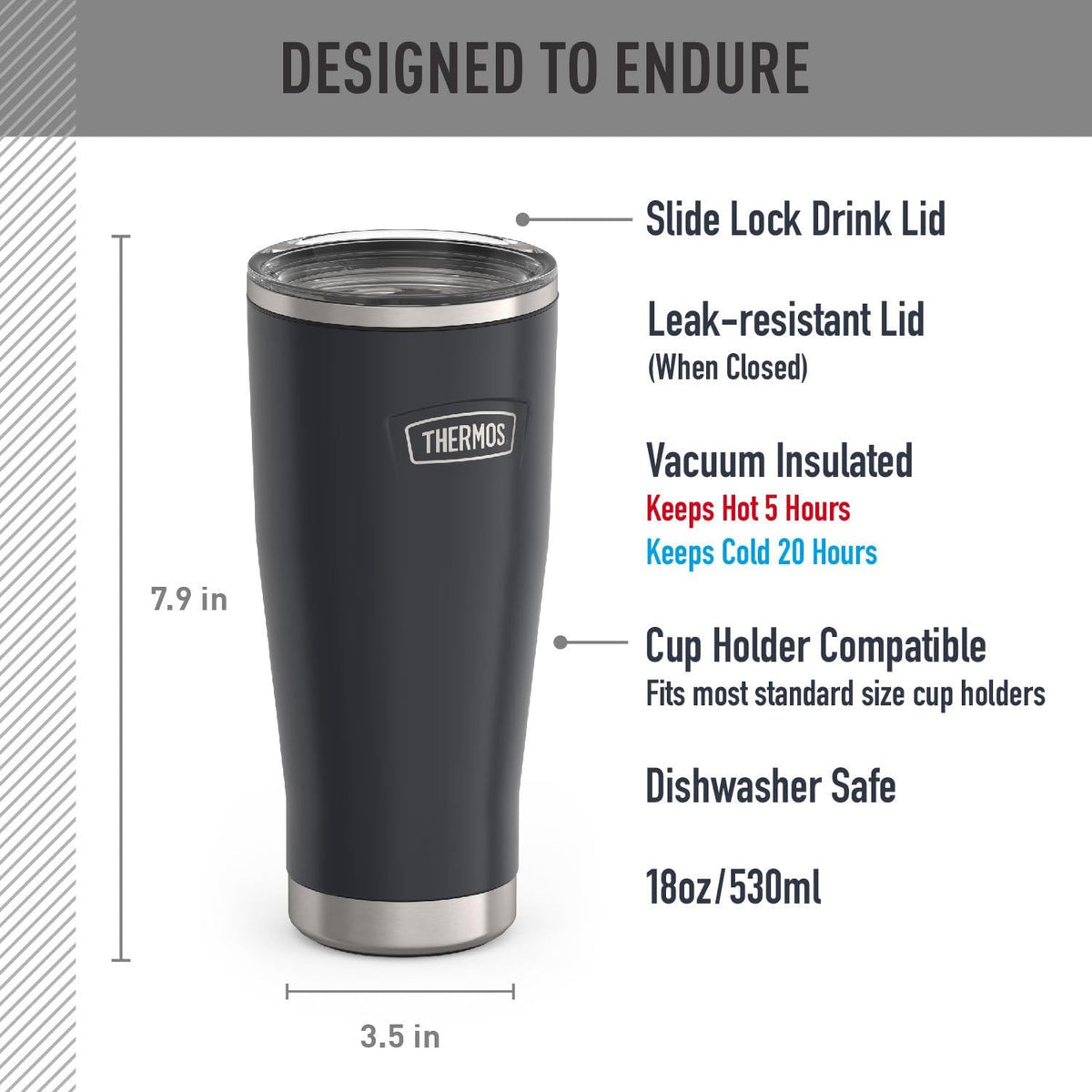 ICON SERIES, Stainless Steel Tumbler with Slide Lock, 18 Ounce, Matte Stainless Steel