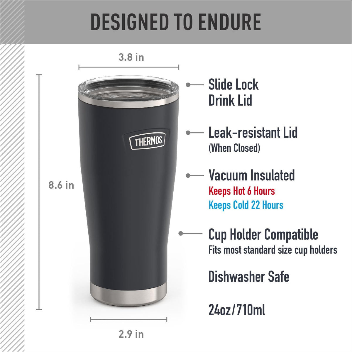 ICON SERIES, Stainless Steel Tumbler with Slide Lock, 18 Ounce, Matte Stainless Steel