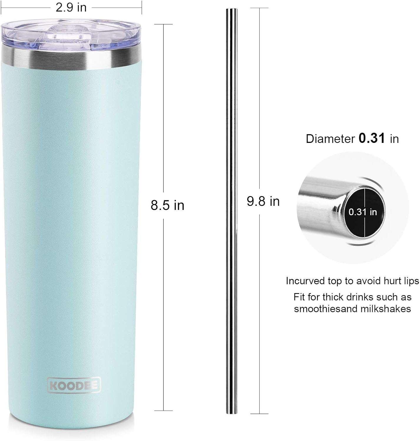 20 oz Stainless Steel Skinny Tumbler Double Wall Insulated Slim Water Tumbler Cup for Coffee, Tea (Baby Blue)