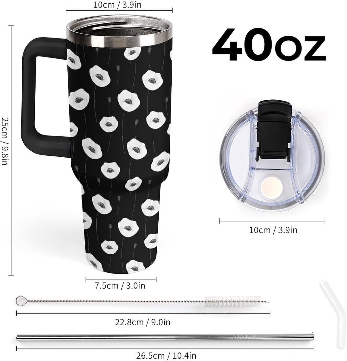 Leakproof Tumbler Vacuum Sealed Car Holder Friendly For Travel Simple Minimalist White Poppy Flower Pattern Coffee Mug Light Rose Red-style-27 - Colors D