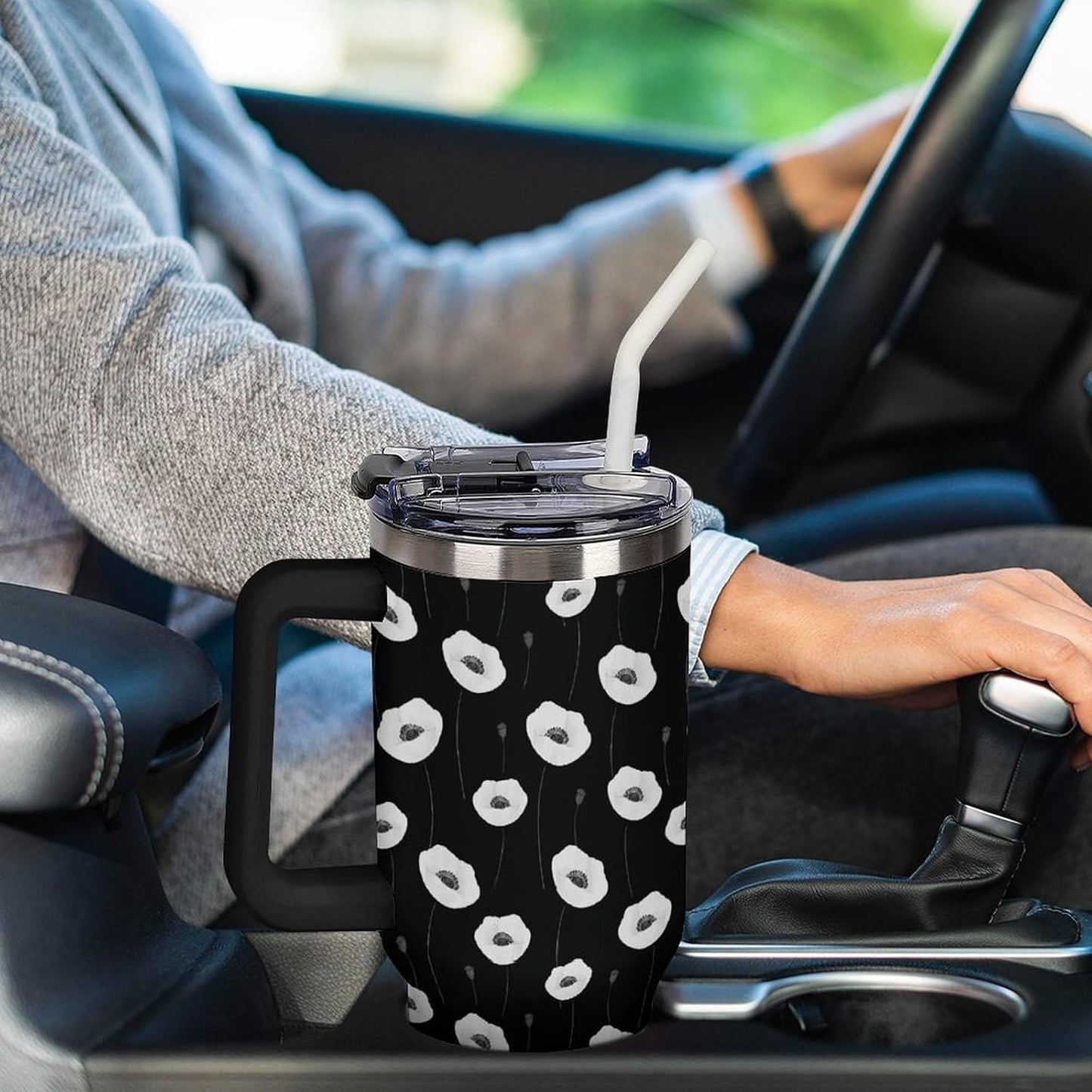 Leakproof Tumbler Vacuum Sealed Car Holder Friendly For Travel Simple Minimalist White Poppy Flower Pattern Coffee Mug Light Rose Red-style-27 - Colors D