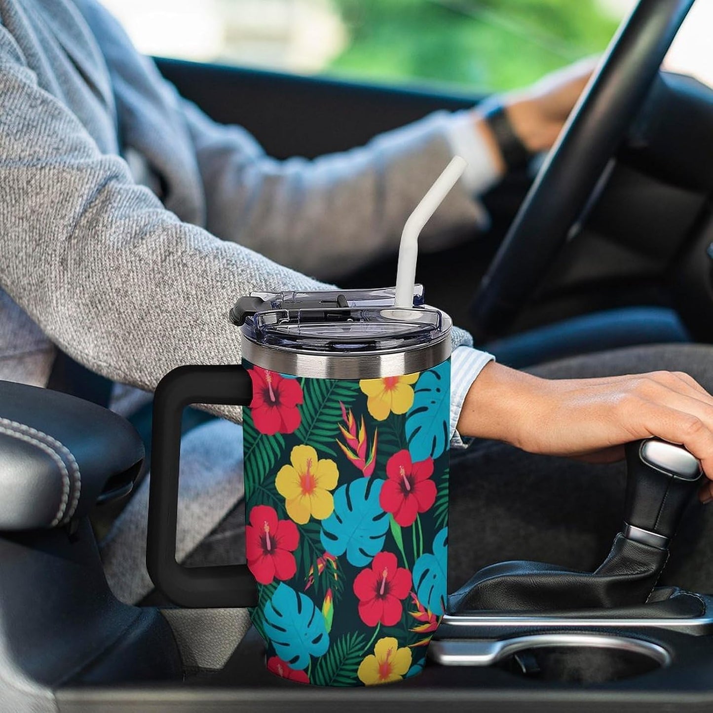 Leakproof Tumbler Vacuum Sealed Car Holder Friendly For Travel Simple Minimalist White Poppy Flower Pattern Coffee Mug Light Rose Red-style-27 - Colors D
