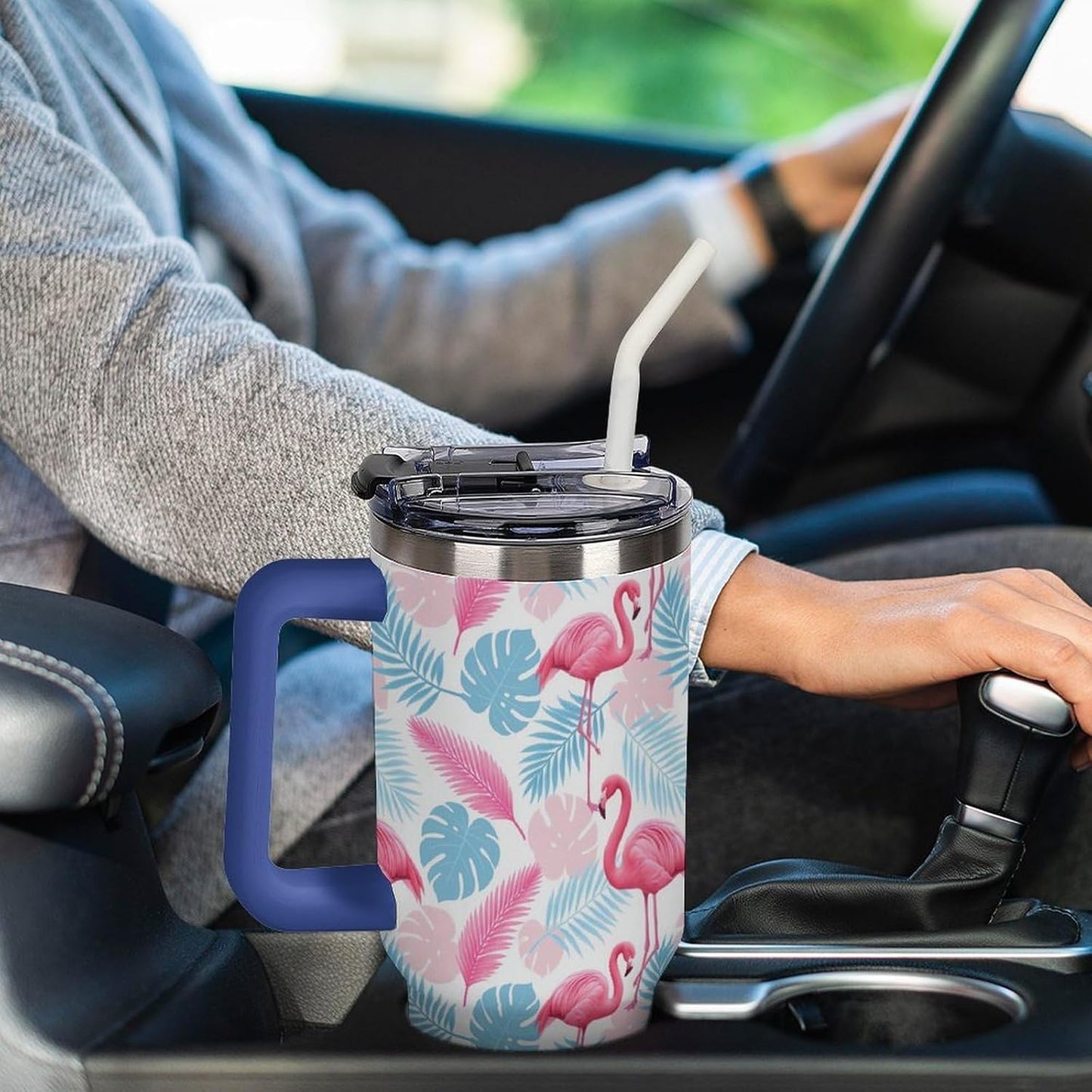 Leakproof Tumbler Vacuum Sealed Car Holder Friendly For Travel Simple Minimalist White Poppy Flower Pattern Coffee Mug Light Rose Red-style-27 - Colors D