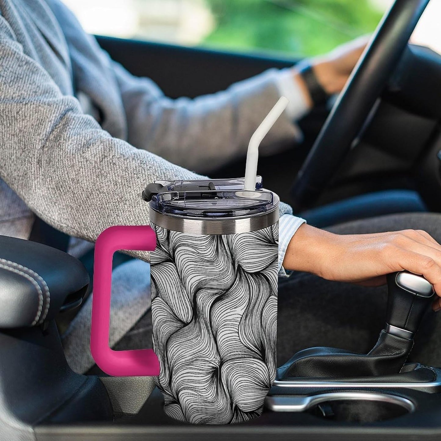 Leakproof Tumbler Vacuum Sealed Car Holder Friendly For Travel Simple Minimalist White Poppy Flower Pattern Coffee Mug Light Rose Red-style-27 - Colors D