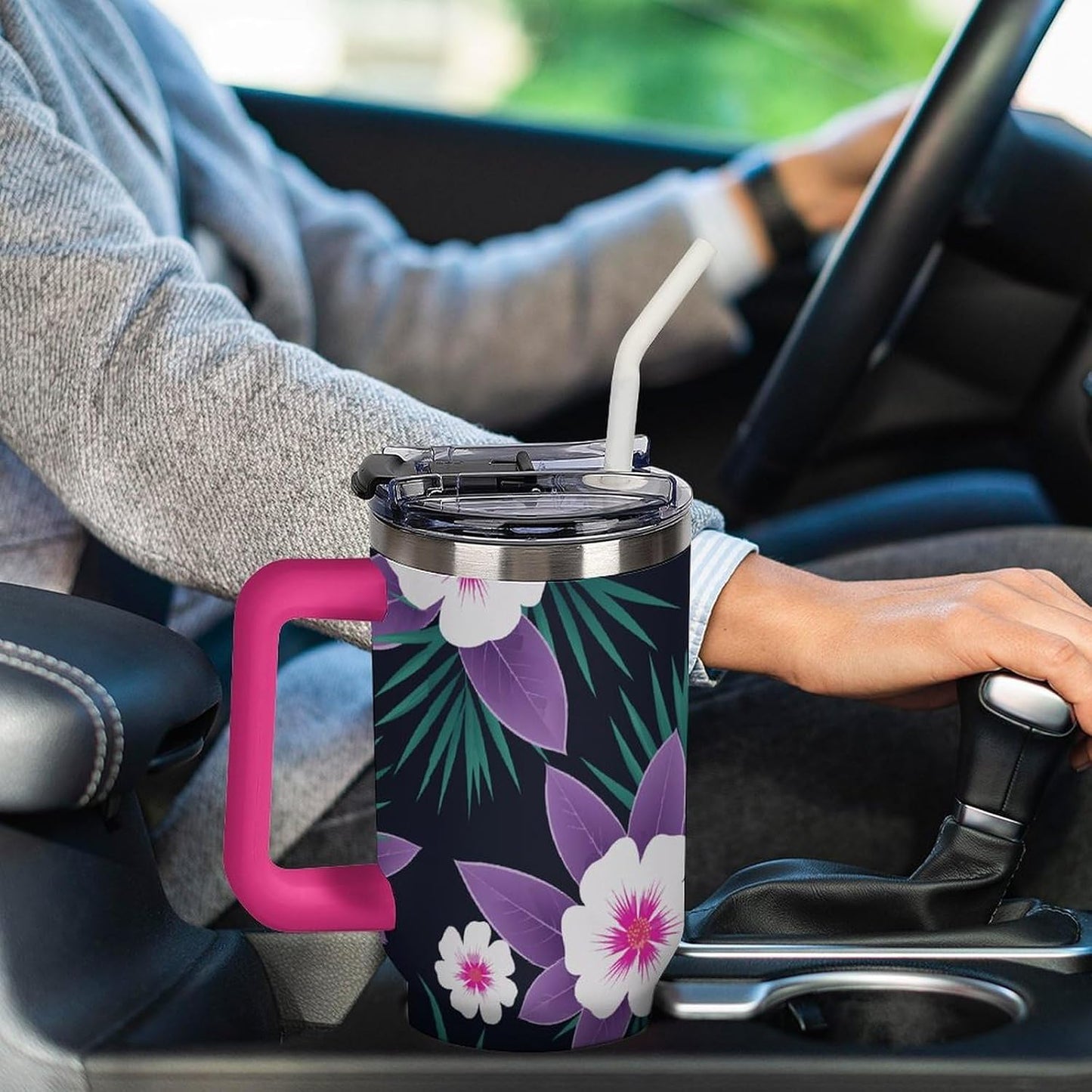 Leakproof Tumbler Vacuum Sealed Car Holder Friendly For Travel Simple Minimalist White Poppy Flower Pattern Coffee Mug Light Rose Red-style-27 - Colors D