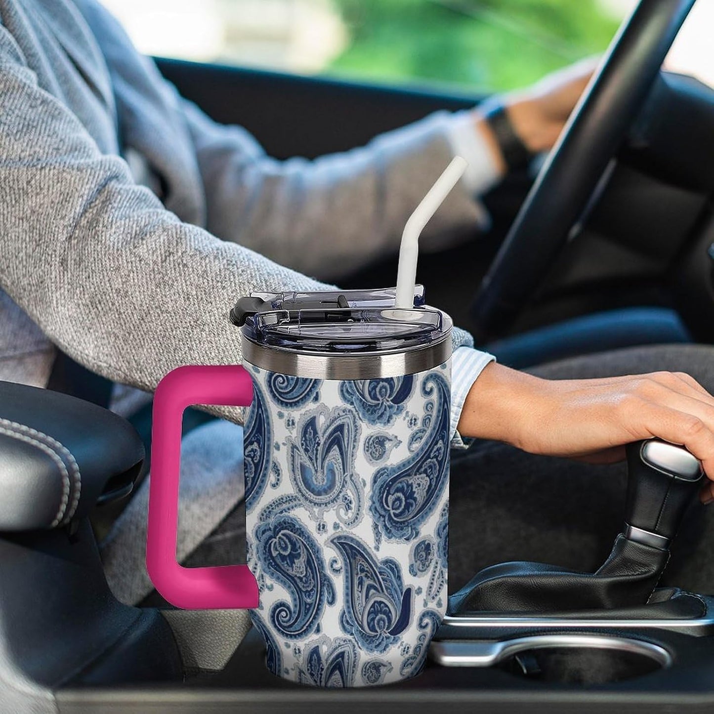 Leakproof Tumbler Vacuum Sealed Car Holder Friendly For Travel Simple Minimalist White Poppy Flower Pattern Coffee Mug Light Rose Red-style-27 - Colors D