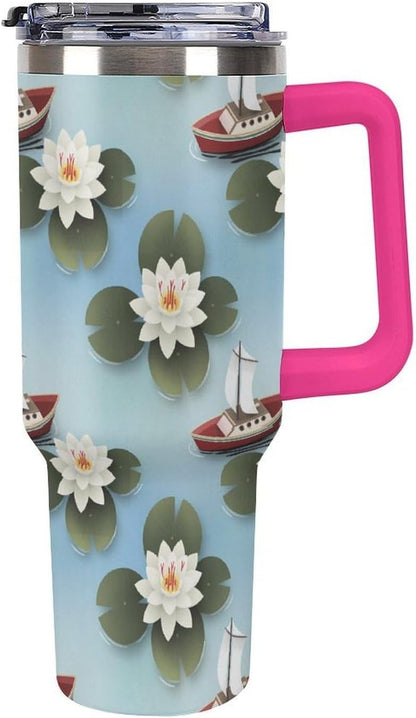 Leakproof Tumbler Vacuum Sealed Car Holder Friendly For Travel Simple Minimalist White Poppy Flower Pattern Coffee Mug Light Rose Red-style-27 - Colors D