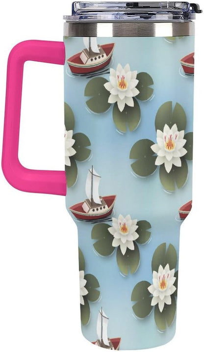 Leakproof Tumbler Vacuum Sealed Car Holder Friendly For Travel Simple Minimalist White Poppy Flower Pattern Coffee Mug Light Rose Red-style-27 - Colors D
