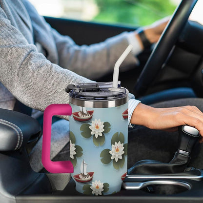 Leakproof Tumbler Vacuum Sealed Car Holder Friendly For Travel Simple Minimalist White Poppy Flower Pattern Coffee Mug Light Rose Red-style-27 - Colors D