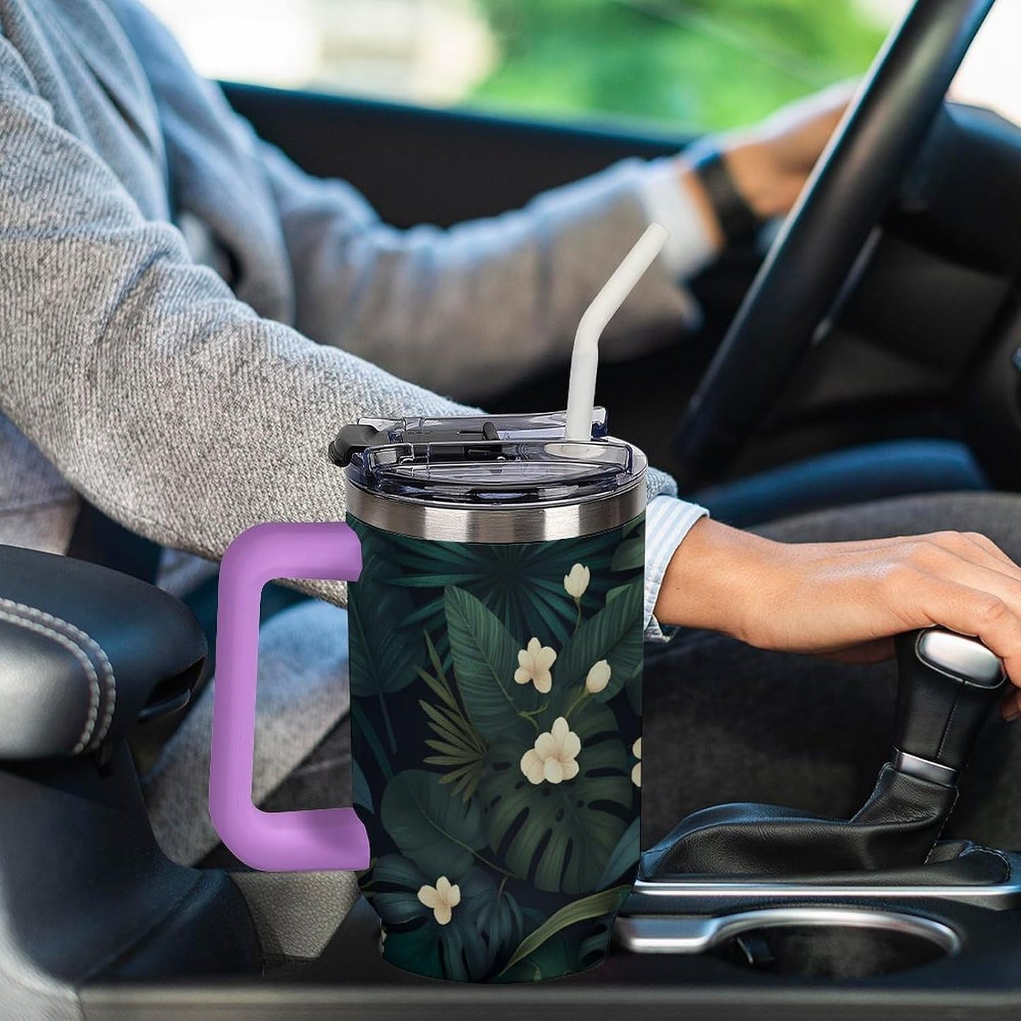 Leakproof Tumbler Vacuum Sealed Car Holder Friendly For Travel Simple Minimalist White Poppy Flower Pattern Coffee Mug Light Rose Red-style-27 - Colors D