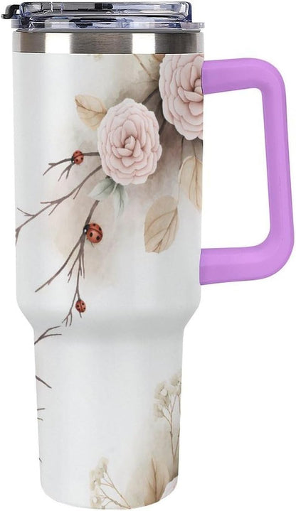 Leakproof Tumbler Vacuum Sealed Car Holder Friendly For Travel Simple Minimalist White Poppy Flower Pattern Coffee Mug Light Rose Red-style-27 - Colors D