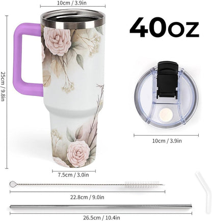 Leakproof Tumbler Vacuum Sealed Car Holder Friendly For Travel Simple Minimalist White Poppy Flower Pattern Coffee Mug Light Rose Red-style-27 - Colors D
