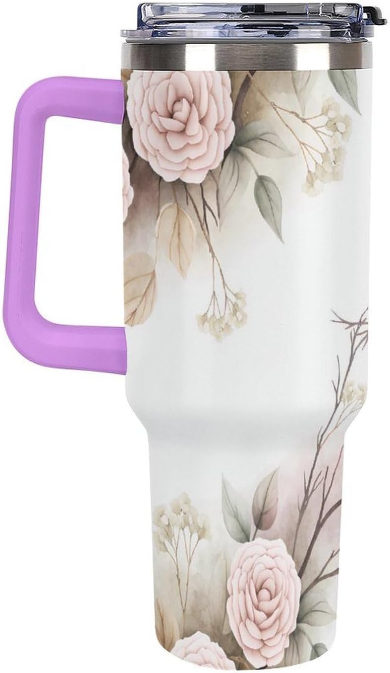 Leakproof Tumbler Vacuum Sealed Car Holder Friendly For Travel Simple Minimalist White Poppy Flower Pattern Coffee Mug Light Rose Red-style-27 - Colors D