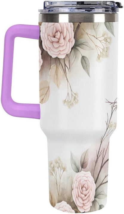 Leakproof Tumbler Vacuum Sealed Car Holder Friendly For Travel Simple Minimalist White Poppy Flower Pattern Coffee Mug Light Rose Red-style-27 - Colors D