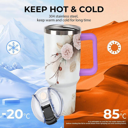 Leakproof Tumbler Vacuum Sealed Car Holder Friendly For Travel Simple Minimalist White Poppy Flower Pattern Coffee Mug Light Rose Red-style-27 - Colors D