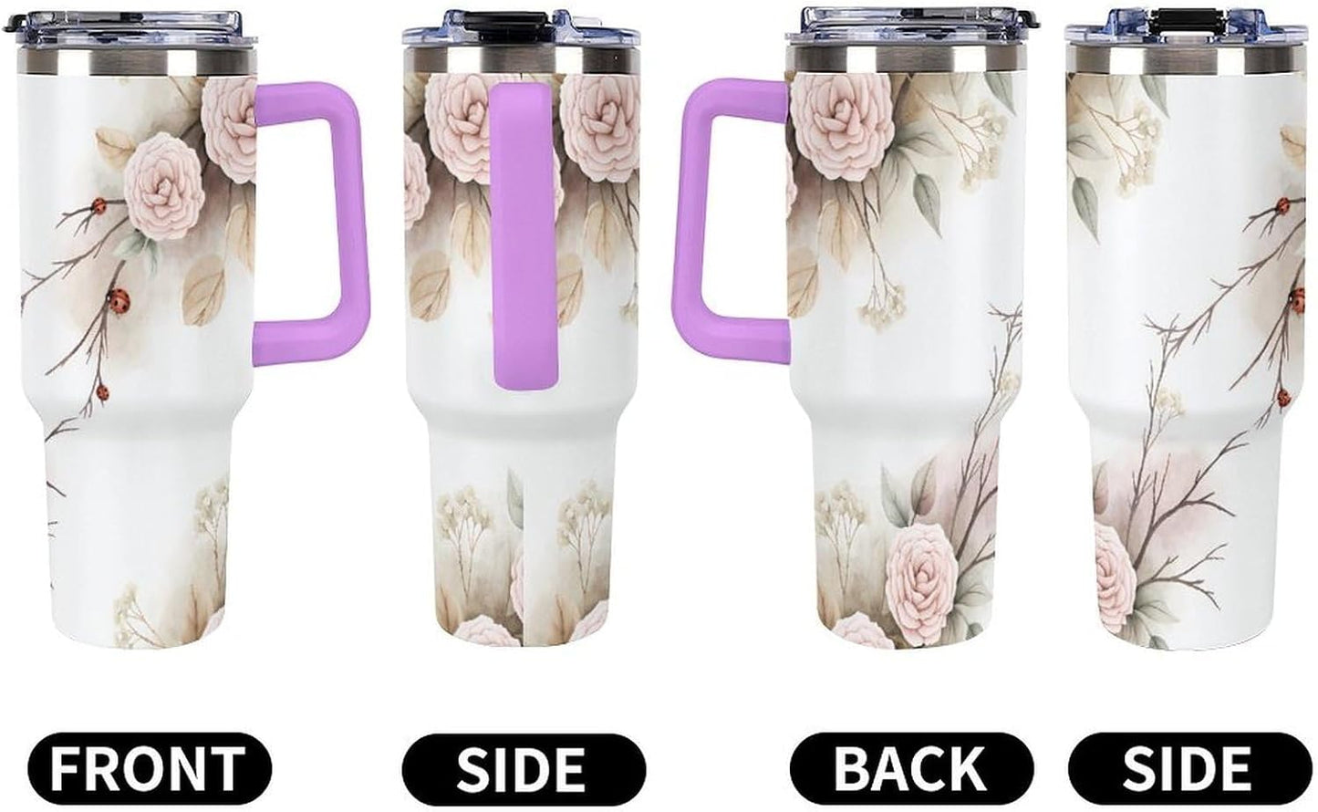 Leakproof Tumbler Vacuum Sealed Car Holder Friendly For Travel Simple Minimalist White Poppy Flower Pattern Coffee Mug Light Rose Red-style-27 - Colors D