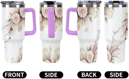 Leakproof Tumbler Vacuum Sealed Car Holder Friendly For Travel Simple Minimalist White Poppy Flower Pattern Coffee Mug Light Rose Red-style-27 - Colors D