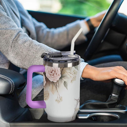 Leakproof Tumbler Vacuum Sealed Car Holder Friendly For Travel Simple Minimalist White Poppy Flower Pattern Coffee Mug Light Rose Red-style-27 - Colors D