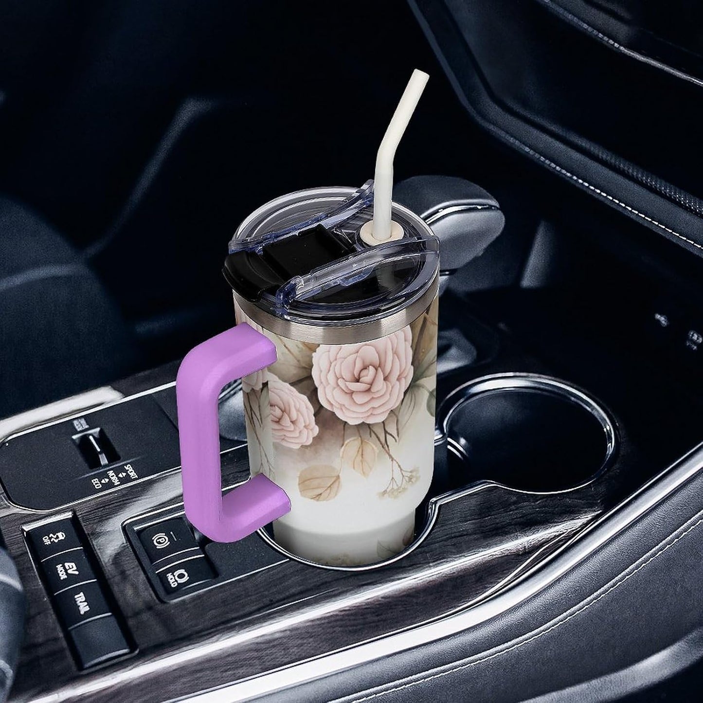 Leakproof Tumbler Vacuum Sealed Car Holder Friendly For Travel Simple Minimalist White Poppy Flower Pattern Coffee Mug Light Rose Red-style-27 - Colors D