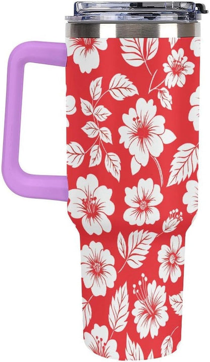 Leakproof Tumbler Vacuum Sealed Car Holder Friendly For Travel Simple Minimalist White Poppy Flower Pattern Coffee Mug Light Rose Red-style-27 - Colors D