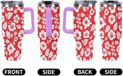 Leakproof Tumbler Vacuum Sealed Car Holder Friendly For Travel Simple Minimalist White Poppy Flower Pattern Coffee Mug Light Rose Red-style-27 - Colors D
