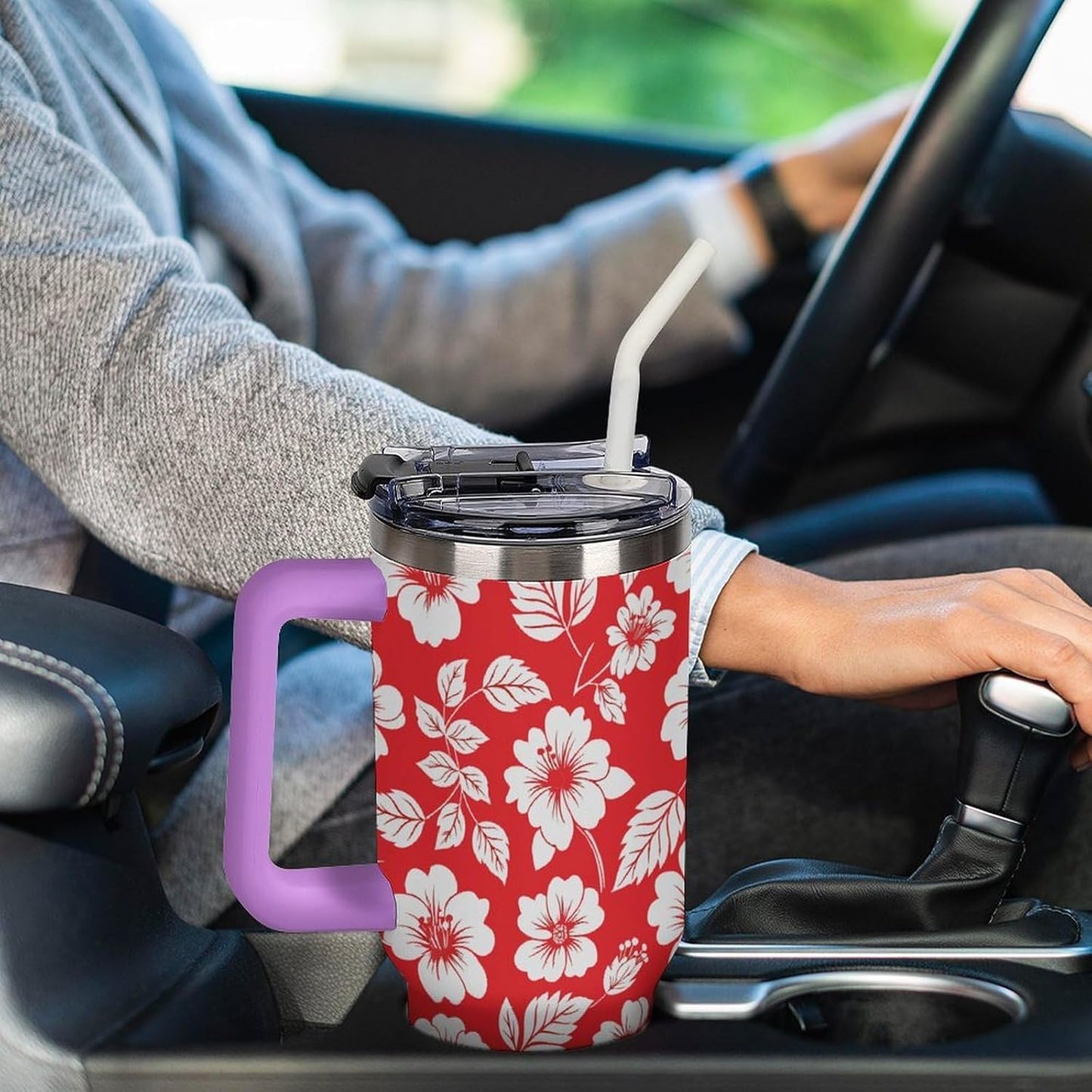 Leakproof Tumbler Vacuum Sealed Car Holder Friendly For Travel Simple Minimalist White Poppy Flower Pattern Coffee Mug Light Rose Red-style-27 - Colors D