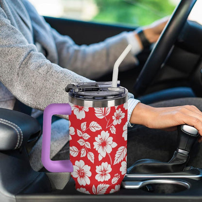 Leakproof Tumbler Vacuum Sealed Car Holder Friendly For Travel Simple Minimalist White Poppy Flower Pattern Coffee Mug Light Rose Red-style-27 - Colors D
