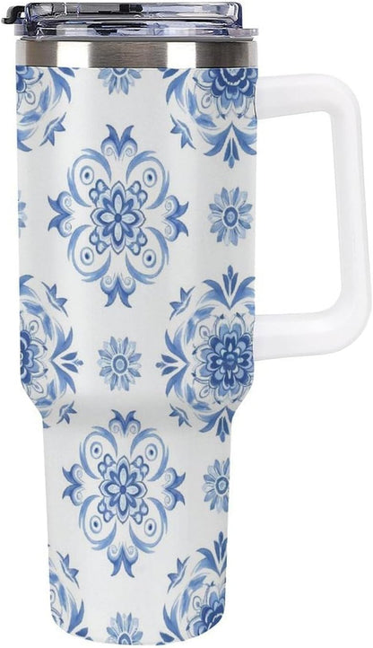 Leakproof Tumbler Vacuum Sealed Car Holder Friendly For Travel Simple Minimalist White Poppy Flower Pattern Coffee Mug Light Rose Red-style-27 - Colors D