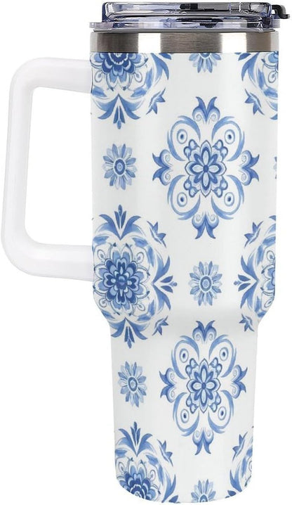 Leakproof Tumbler Vacuum Sealed Car Holder Friendly For Travel Simple Minimalist White Poppy Flower Pattern Coffee Mug Light Rose Red-style-27 - Colors D
