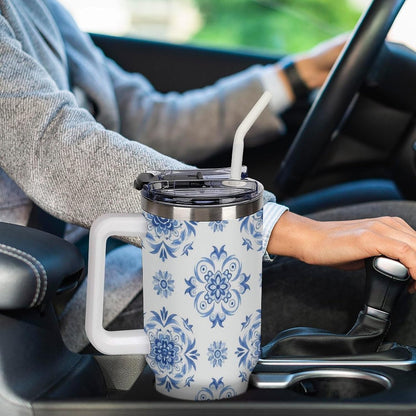 Leakproof Tumbler Vacuum Sealed Car Holder Friendly For Travel Simple Minimalist White Poppy Flower Pattern Coffee Mug Light Rose Red-style-27 - Colors D