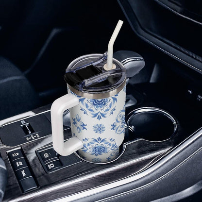 Leakproof Tumbler Vacuum Sealed Car Holder Friendly For Travel Simple Minimalist White Poppy Flower Pattern Coffee Mug Light Rose Red-style-27 - Colors D