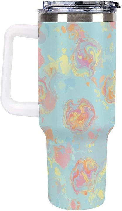 Leakproof Tumbler Vacuum Sealed Car Holder Friendly For Travel Simple Minimalist White Poppy Flower Pattern Coffee Mug Light Rose Red-style-27 - Colors D