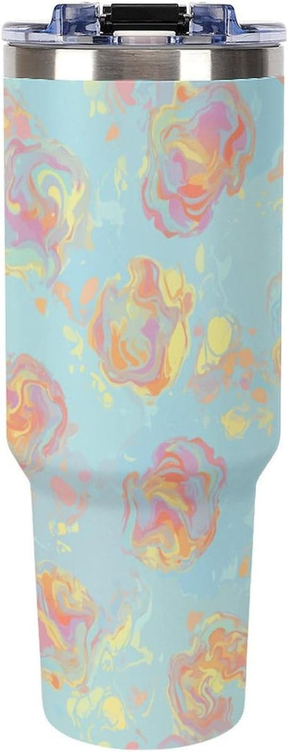 Leakproof Tumbler Vacuum Sealed Car Holder Friendly For Travel Simple Minimalist White Poppy Flower Pattern Coffee Mug Light Rose Red-style-27 - Colors D