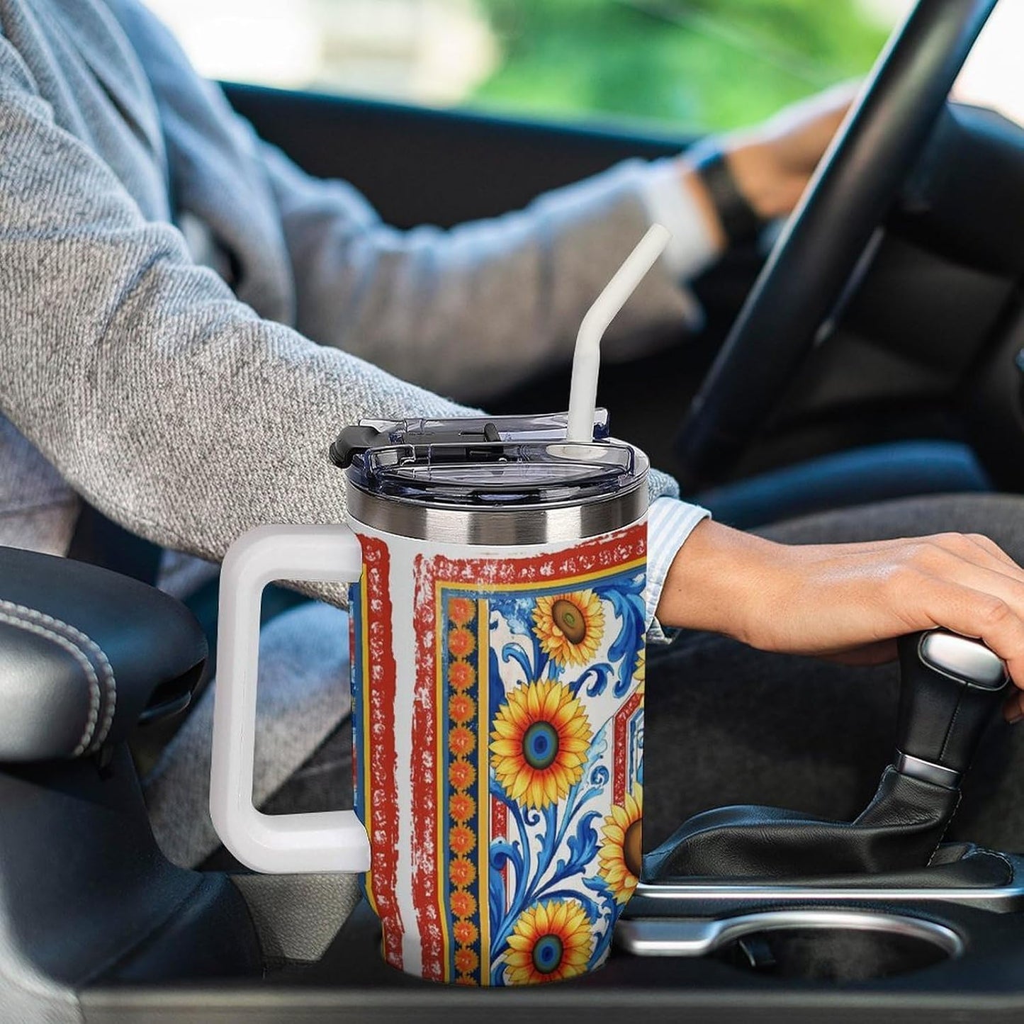 Leakproof Tumbler Vacuum Sealed Car Holder Friendly For Travel Simple Minimalist White Poppy Flower Pattern Coffee Mug Light Rose Red-style-27 - Colors D