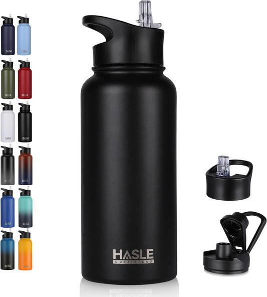 32 oz Insulated Water Bottle Stainless Steel Double Walled Vacuum Sports Water Bottle with 2 Lids (Straw and Spout Lid) for Gym Camping Hiking(Black,1)