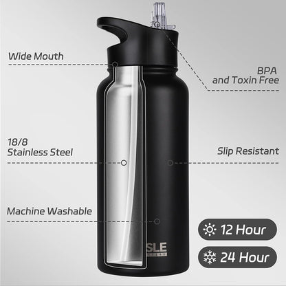 32 oz Insulated Water Bottle Stainless Steel Double Walled Vacuum Sports Water Bottle with 2 Lids (Straw and Spout Lid) for Gym Camping Hiking(Black,1)