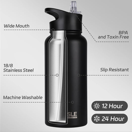 32 oz Insulated Water Bottle Stainless Steel Double Walled Vacuum Sports Water Bottle with 2 Lids (Straw and Spout Lid) for Gym Camping Hiking(Black,1)