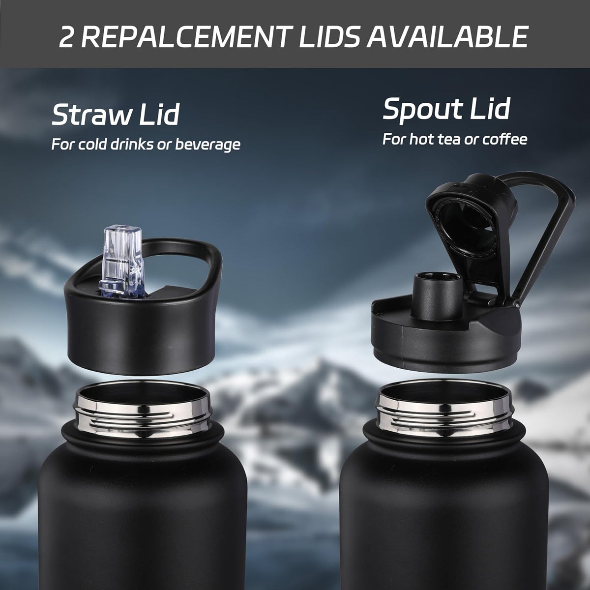 32 oz Insulated Water Bottle Stainless Steel Double Walled Vacuum Sports Water Bottle with 2 Lids (Straw and Spout Lid) for Gym Camping Hiking(Black,1)