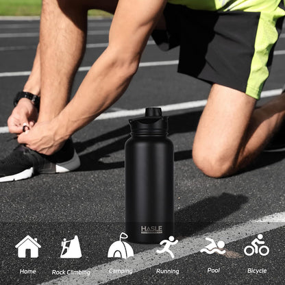 32 oz Insulated Water Bottle Stainless Steel Double Walled Vacuum Sports Water Bottle with 2 Lids (Straw and Spout Lid) for Gym Camping Hiking(Black,1)