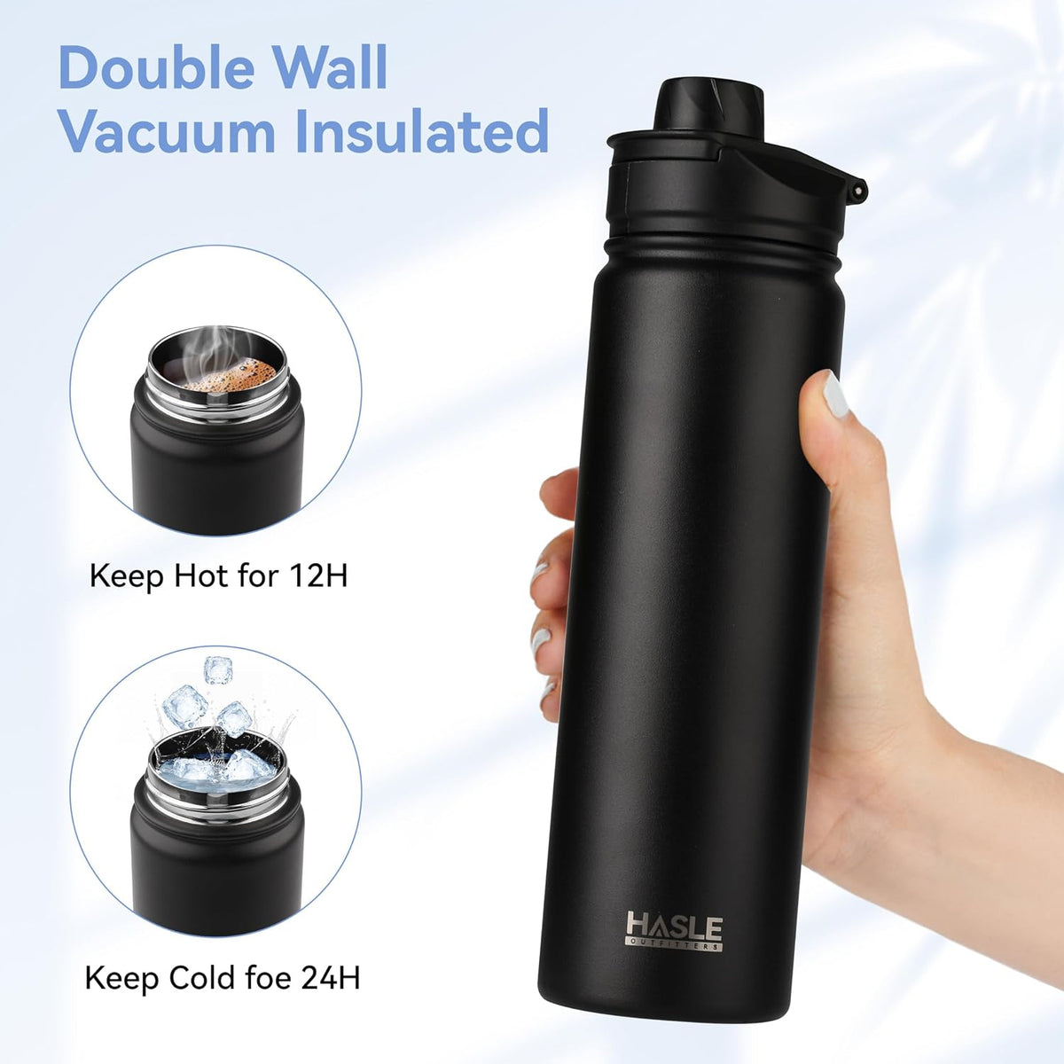 32 oz Insulated Water Bottle Stainless Steel Double Walled Vacuum Sports Water Bottle with 2 Lids (Straw and Spout Lid) for Gym Camping Hiking(Black,1)