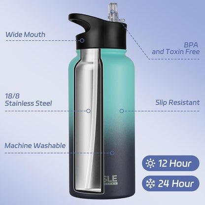 32 oz Insulated Water Bottle Stainless Steel Double Walled Vacuum Sports Water Bottle with 2 Lids (Straw and Spout Lid) for Gym Camping Hiking(Black,1)