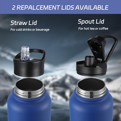 32 oz Insulated Water Bottle Stainless Steel Double Walled Vacuum Sports Water Bottle with 2 Lids (Straw and Spout Lid) for Gym Camping Hiking(Black,1)