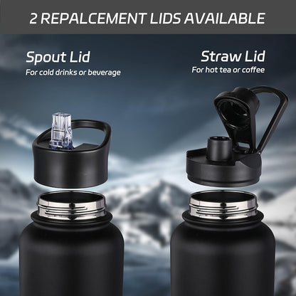 32 oz Insulated Water Bottle Stainless Steel Double Walled Vacuum Sports Water Bottle with 2 Lids (Straw and Spout Lid) for Gym Camping Hiking(Black,1)
