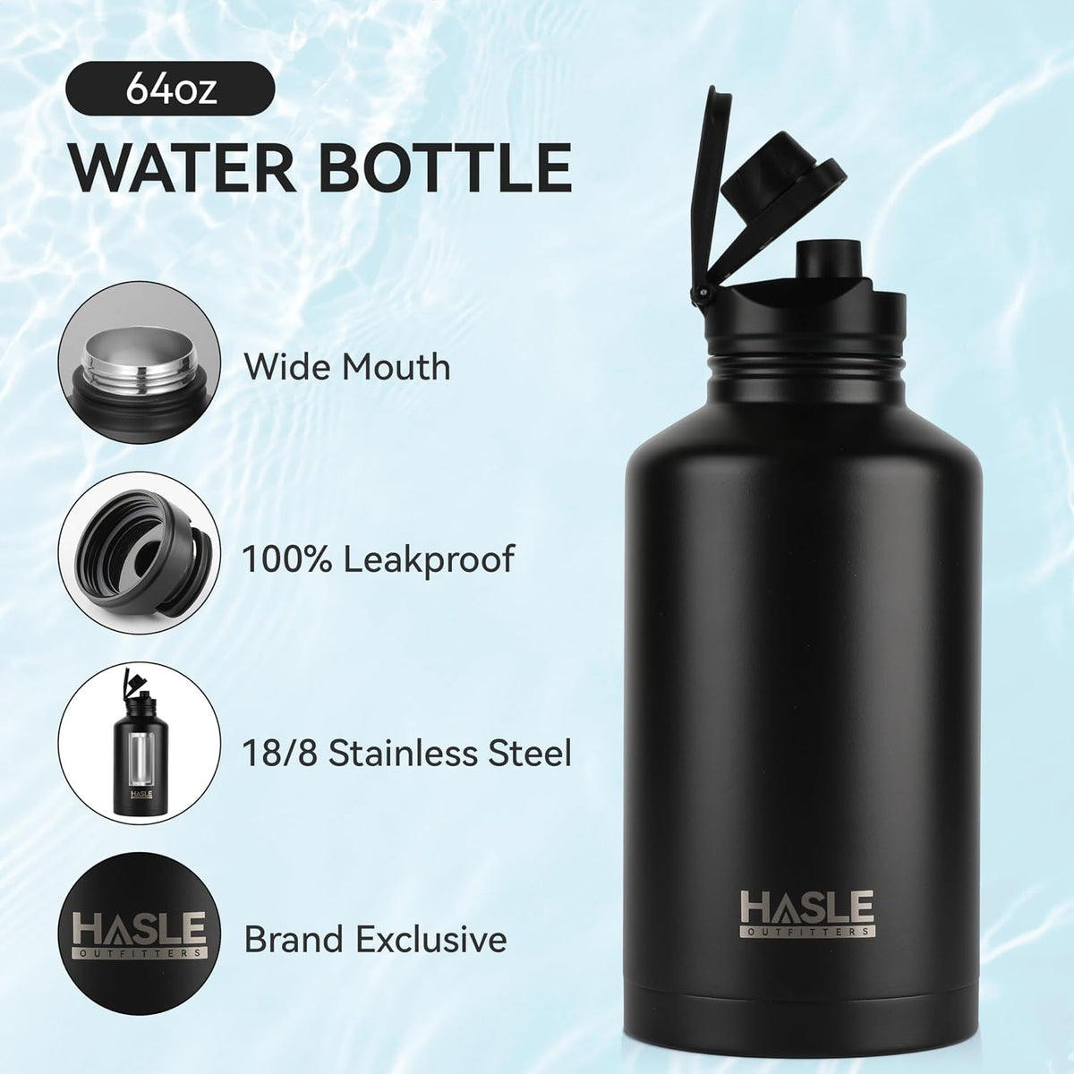 32 oz Insulated Water Bottle Stainless Steel Double Walled Vacuum Sports Water Bottle with 2 Lids (Straw and Spout Lid) for Gym Camping Hiking(Black,1)
