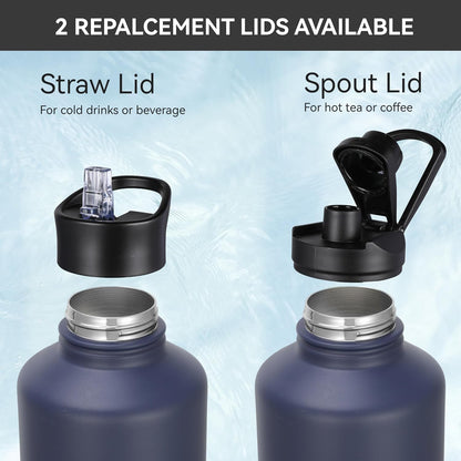 32 oz Insulated Water Bottle Stainless Steel Double Walled Vacuum Sports Water Bottle with 2 Lids (Straw and Spout Lid) for Gym Camping Hiking(Black,1)