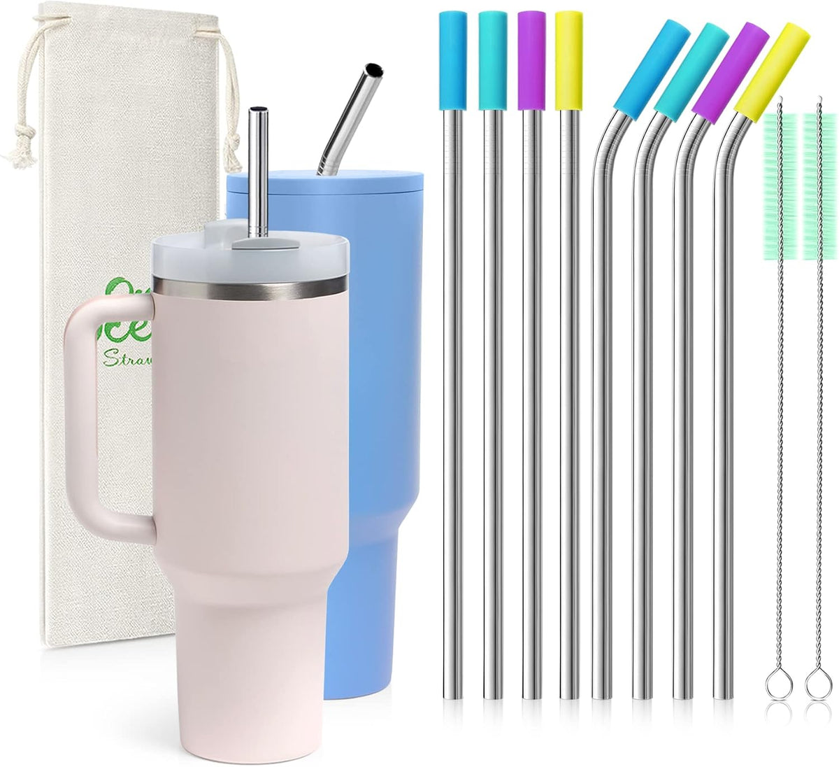 8 Piece 5/16 inch (8mm) Wide Stainless Steel Straws for 40 oz Tumbler with Handle, 12 Inch Long Reusable Metal Drinking Straws, Replacement Straws with Silicone Tips & Cleaning Brush, Silver